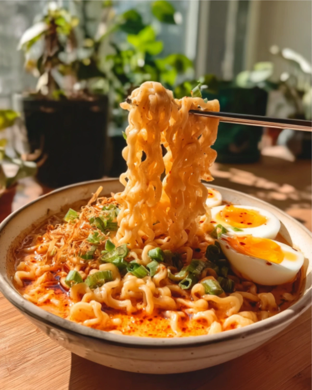 buldak-ramen-recipe-spicy-noodle-bowl-with-egg Chopsticks lifting noodles from a bowl of spicy buldak ramen recipe with soft-boiled egg and scallions