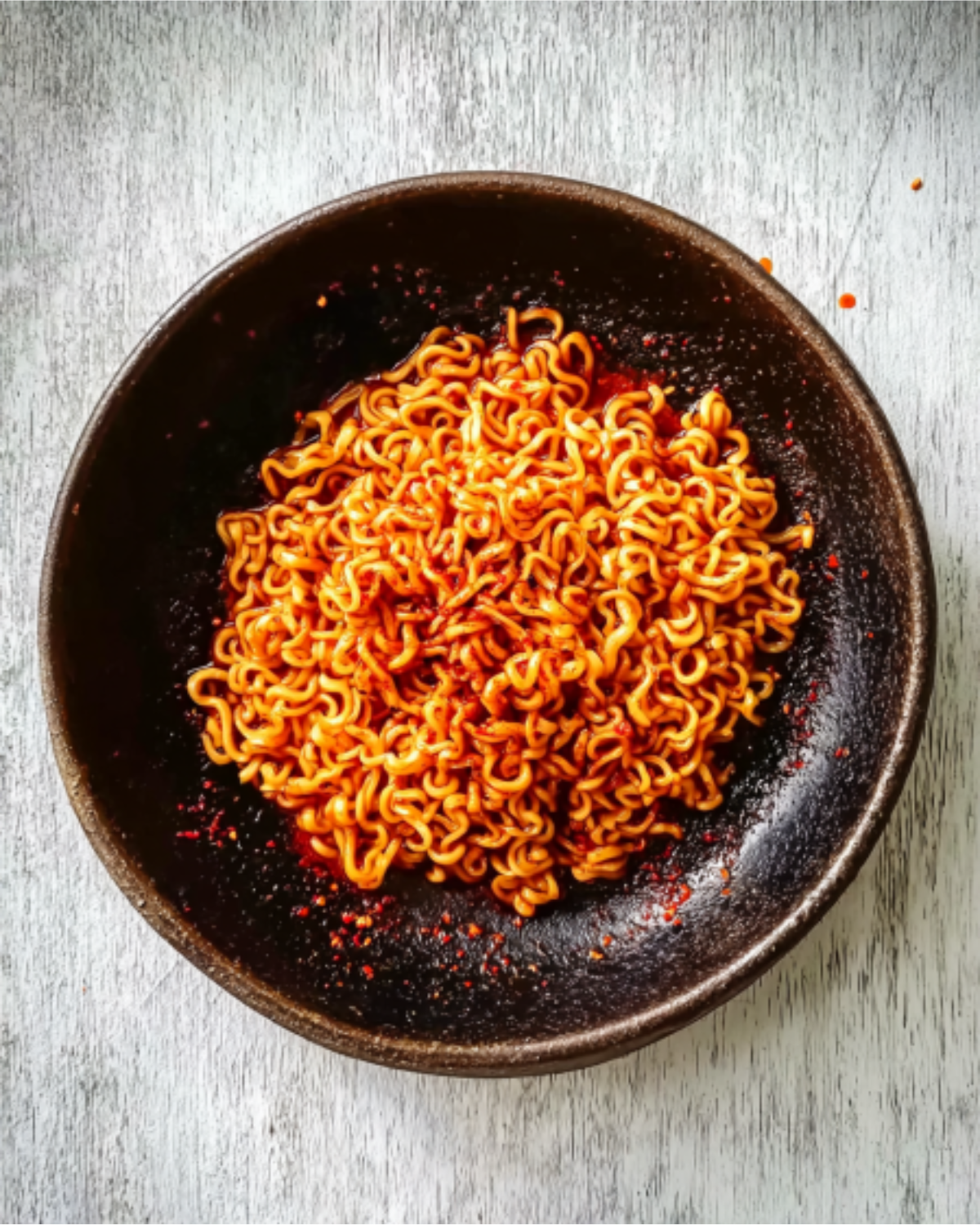 buldak-ramen-recipe-spicy-noodles-served Spicy stir-fried noodles served in a dark bowl for buldak ramen recipe
