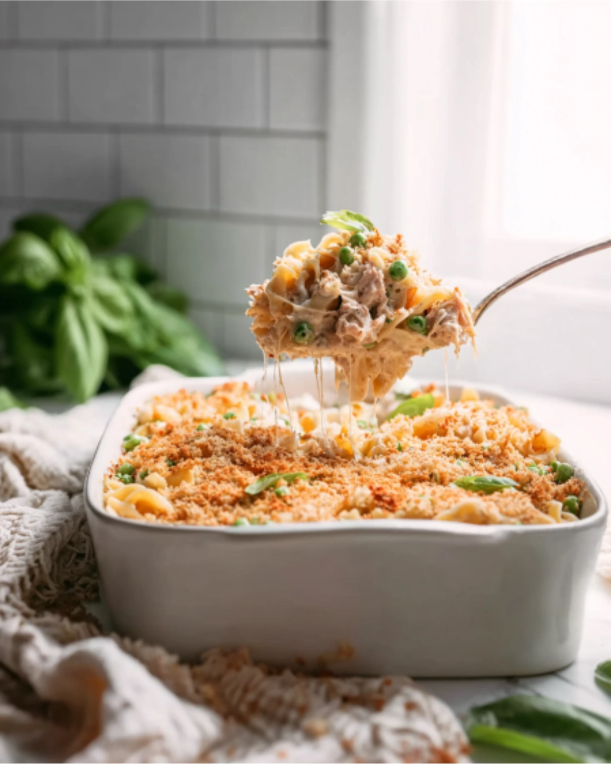 baked-4-ingredient-tuna-casserole Spoonful of cheesy 4 ingredient tuna casserole lifted from a golden baked dish