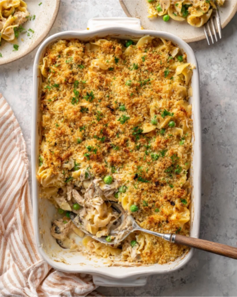 Freshly baked 4 ingredient tuna casserole with golden breadcrumb topping in a white dish
