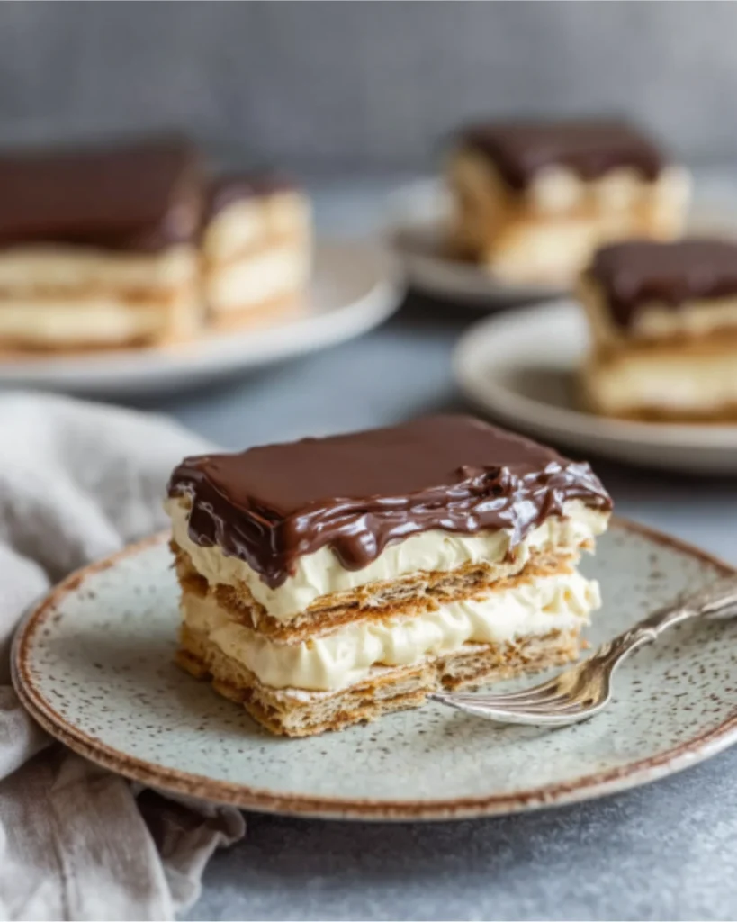 Slice of no-bake eclair cake with creamy vanilla filling and thick chocolate topping on a plate