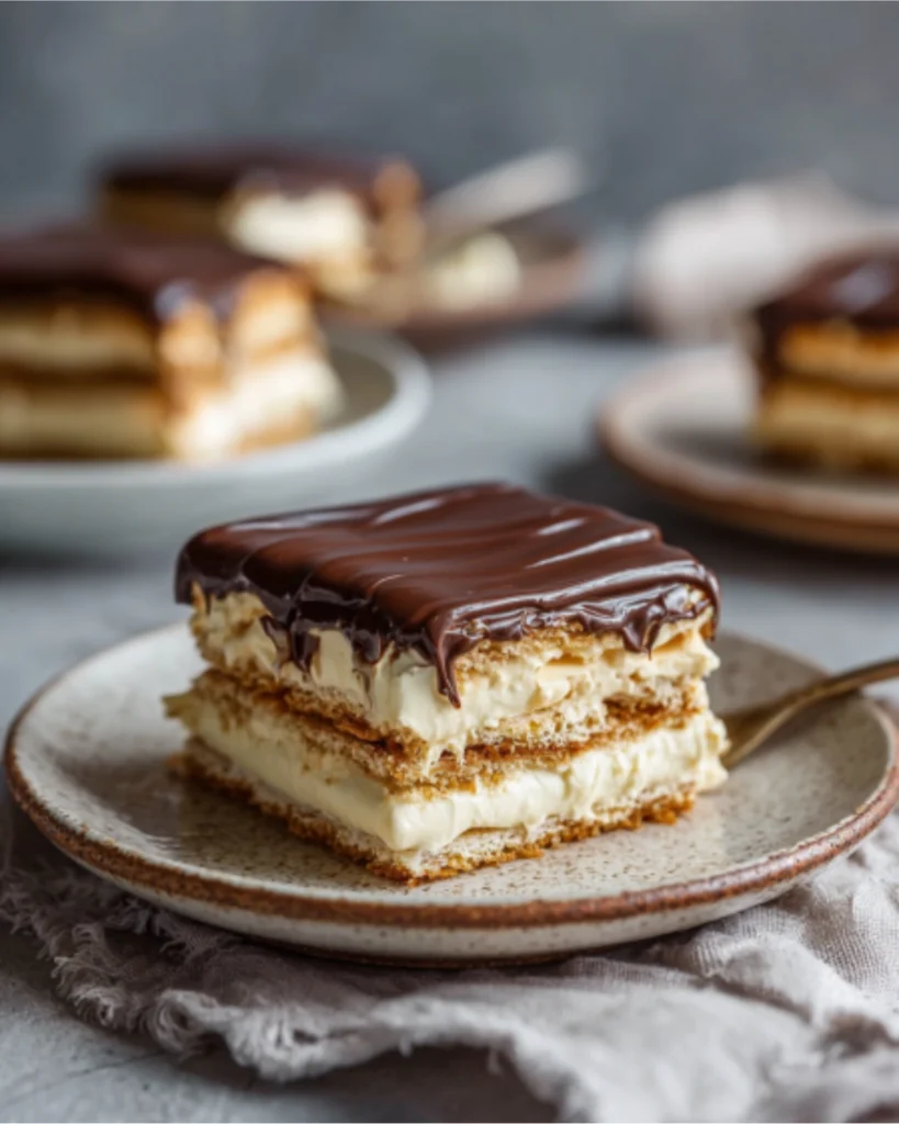 Layered no-bake eclair cake with vanilla filling and chocolate topping on a plate
