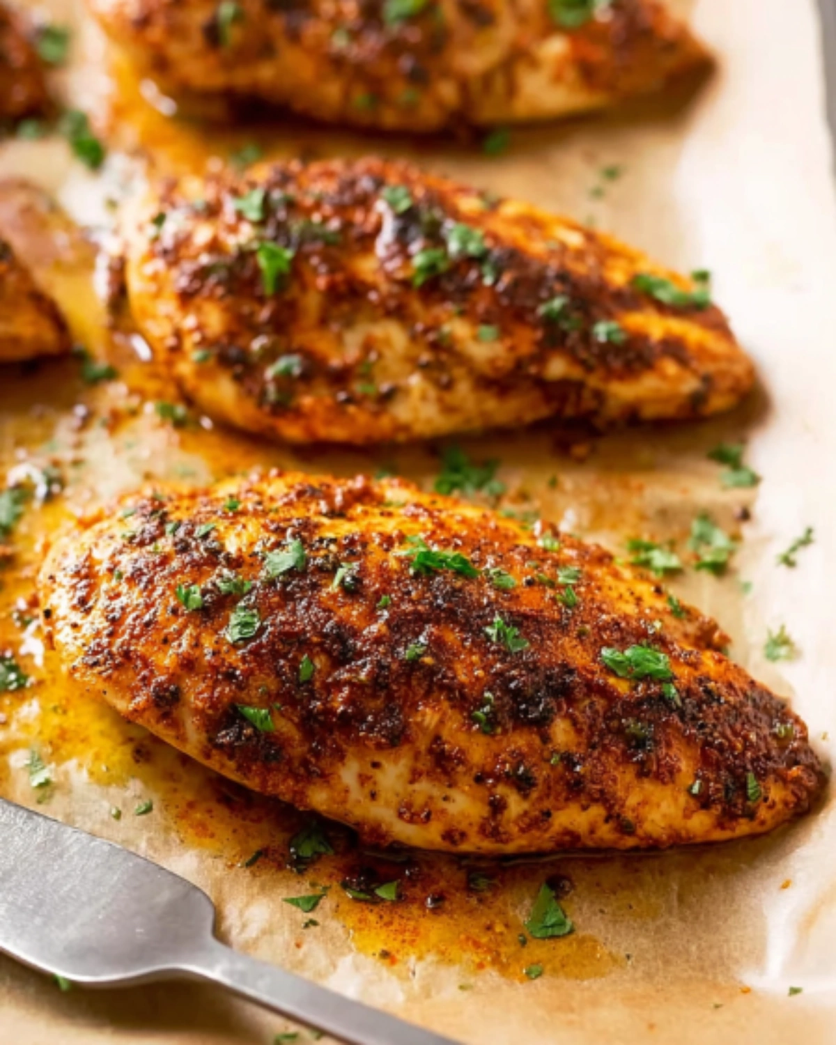succulent-juicy-baked-chicken-breast Succulent juicy baked chicken breast seasoned with spices and garnished with fresh herbs