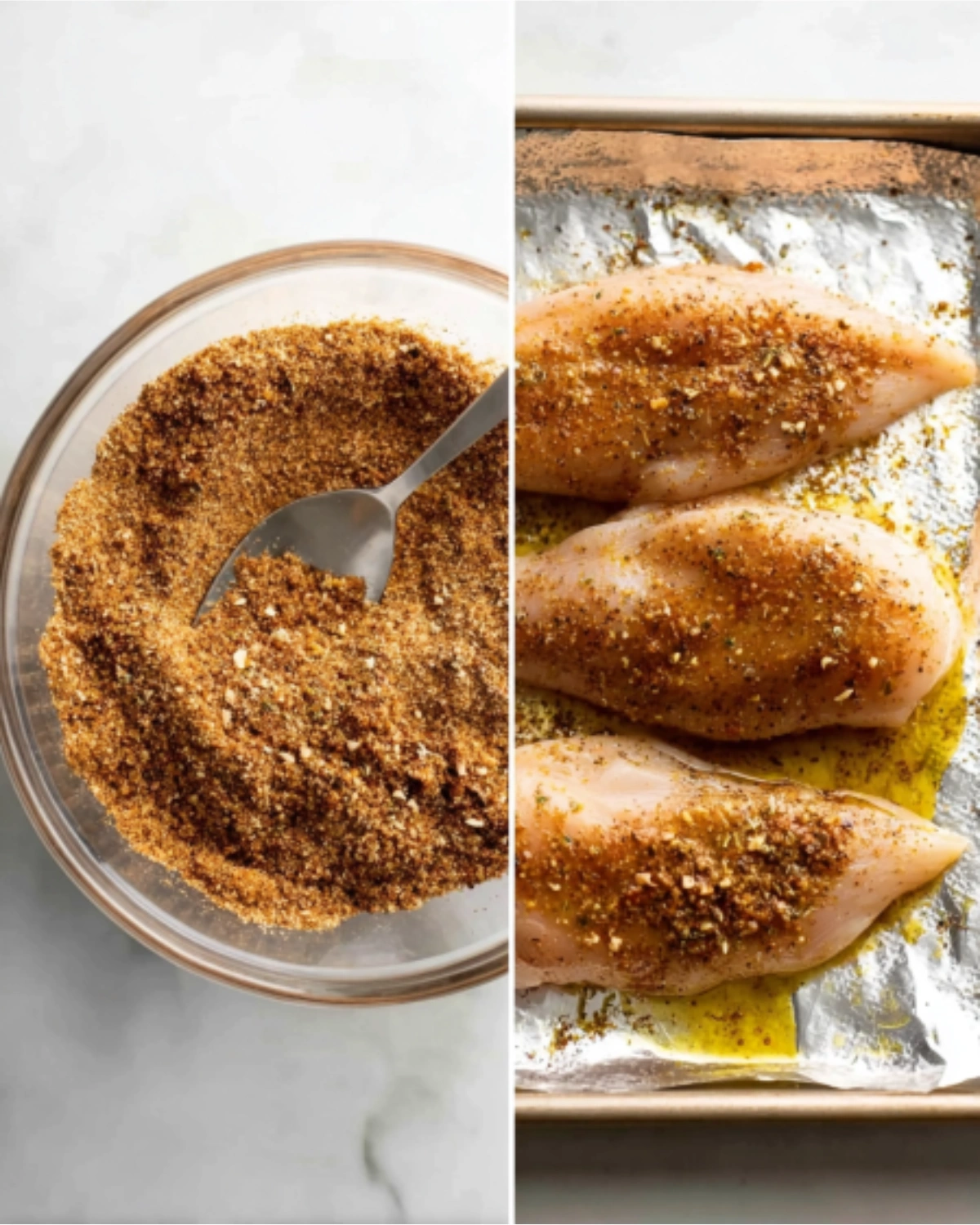 succulent-juicy-baked-chicken-breast-seasoning-prep Seasoning mix and raw chicken breasts prepared for succulent juicy baked chicken breast recipe