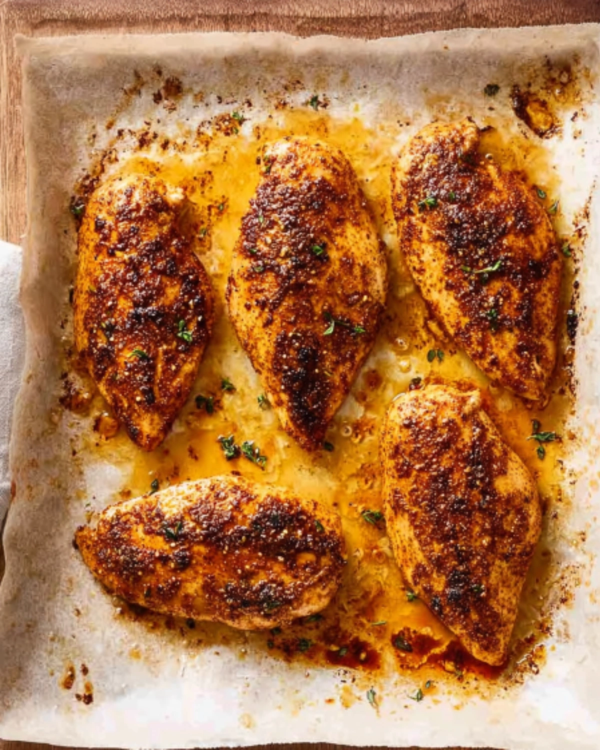 succulent-juicy-baked-chicken-breast-finished Succulent juicy baked chicken breast fresh out of the oven on parchment-lined tray