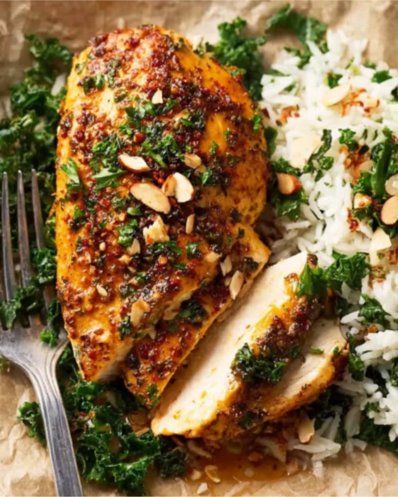 Succulent juicy baked chicken breast served with kale and almond rice on parchment paper