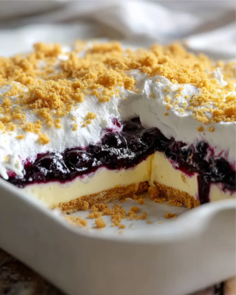 No Bake Lemon Blueberry Dessert in a white pan with visible layers of lemon filling, blueberry topping, and whipped cream