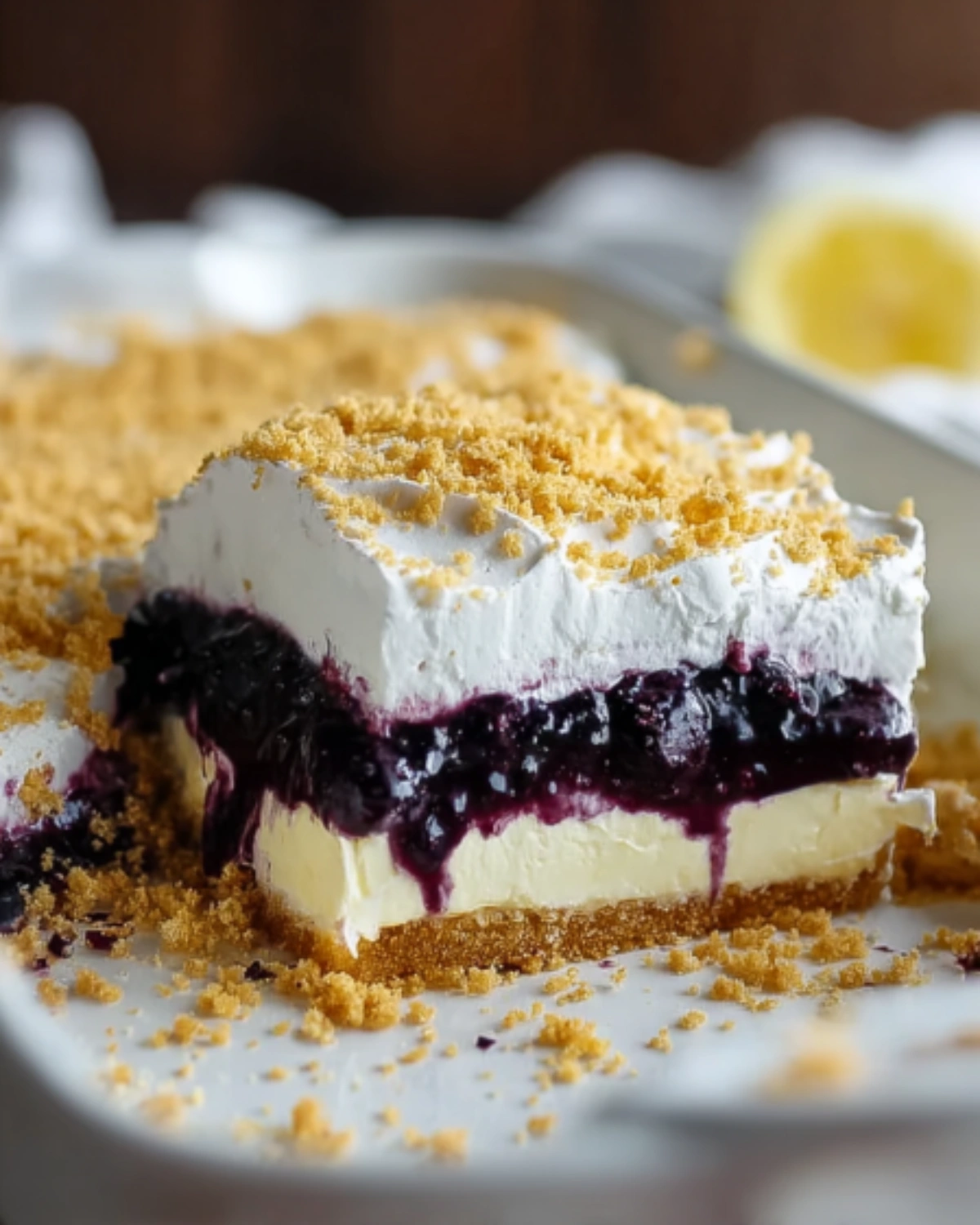 no-bake-lemon-blueberry-dessert-slice. Layered No Bake Lemon Blueberry Dessert with whipped topping and graham cracker crumbs