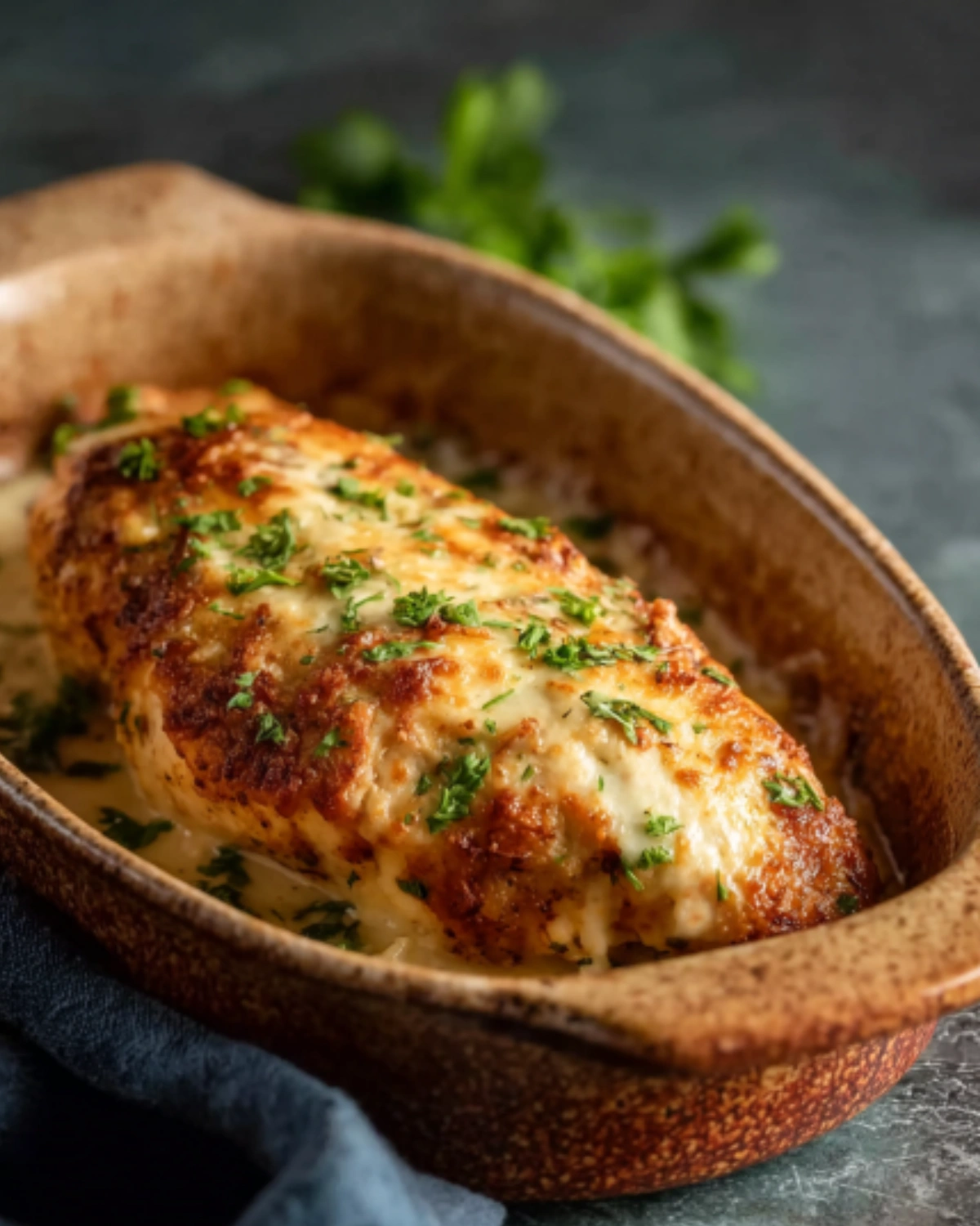 melt-in-your-mouth-chicken-breast-recipe-baked Golden baked Melt In Your Mouth Chicken Breast Recipe topped with herbs in a rustic brown baking dish