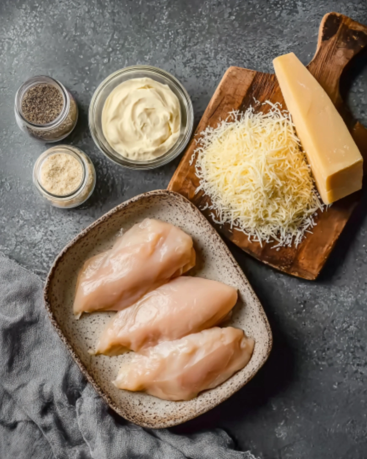 melt-in-your-mouth-chicken-breast-recipe-ingredients Ingredients for Melt In Your Mouth Chicken Breast Recipe including raw chicken breasts, cheese, mayonnaise, and seasonings