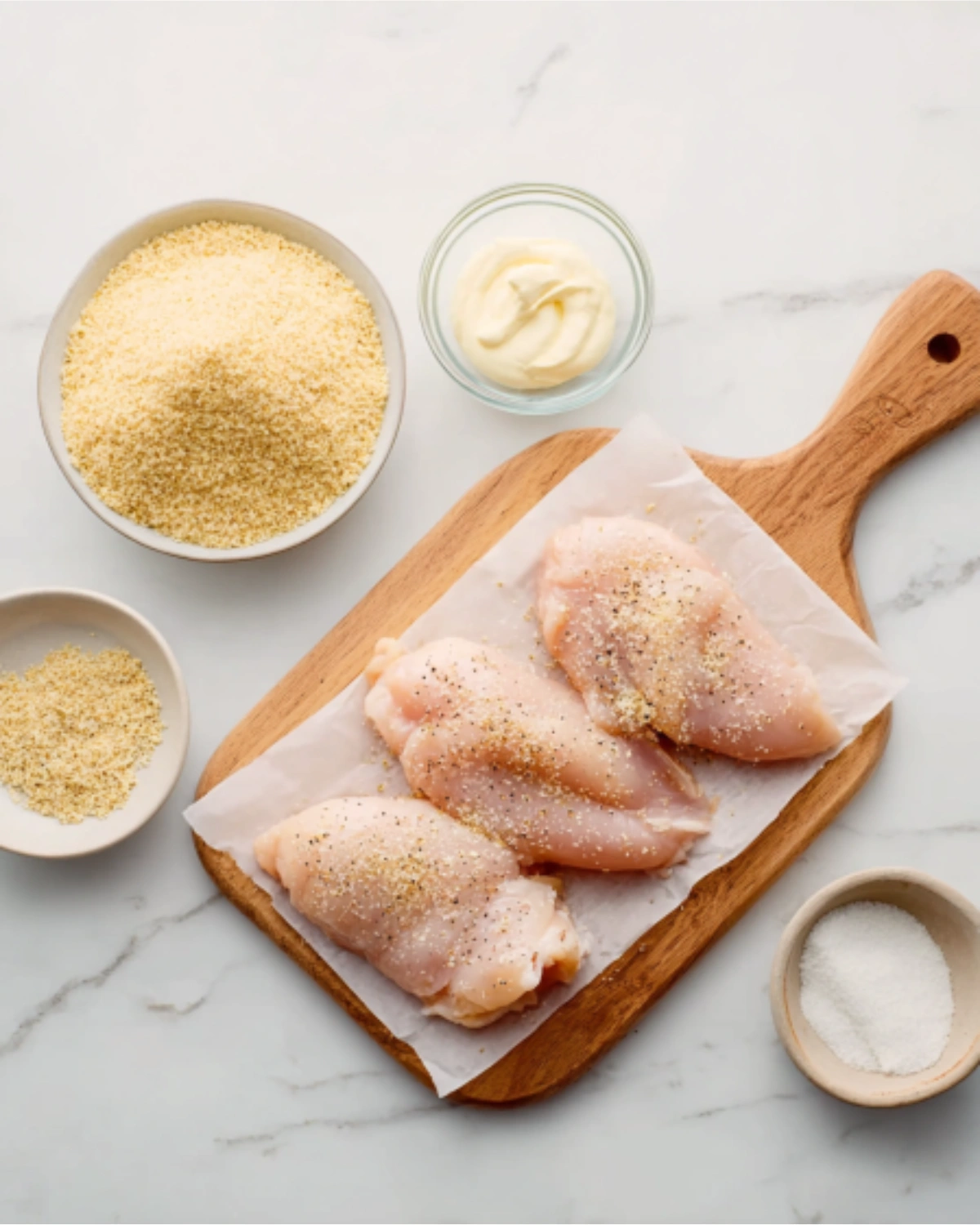 Raw chicken breasts with parmesan, breadcrumbs, mayonnaise, and seasonings for Air Fryer Parmesan Crusted Chicken