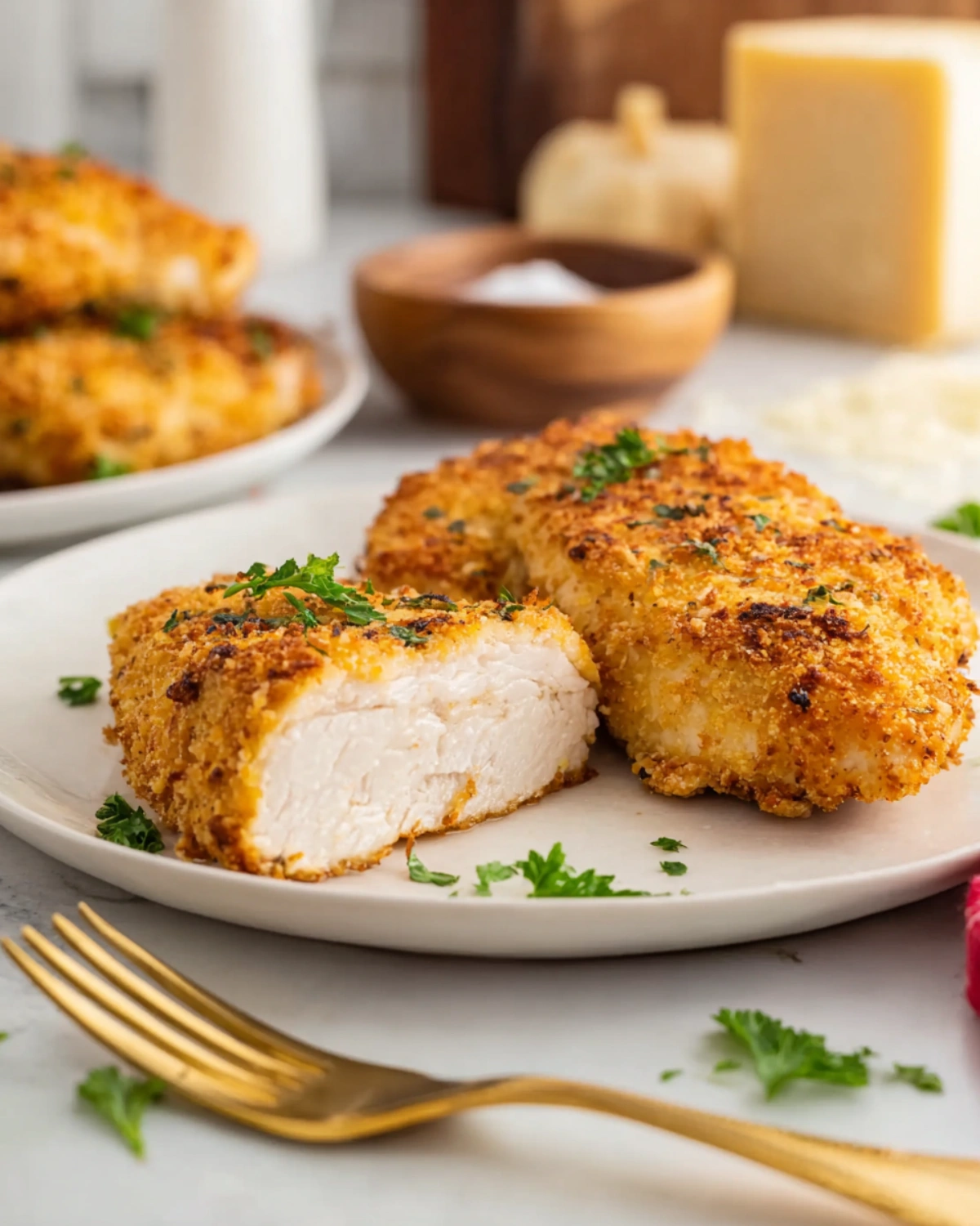 Golden and crispy air fryer parmesan crusted chicken breast served with parsley on a white plate