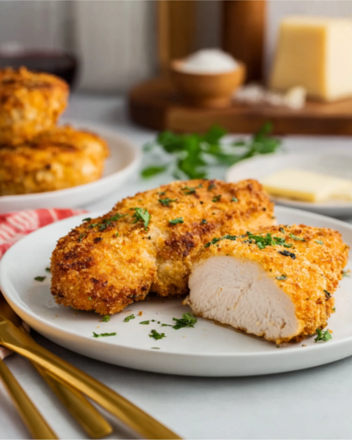 Juicy and crispy Air Fryer Parmesan Crusted Chicken breast served on a plate and garnished with parsley