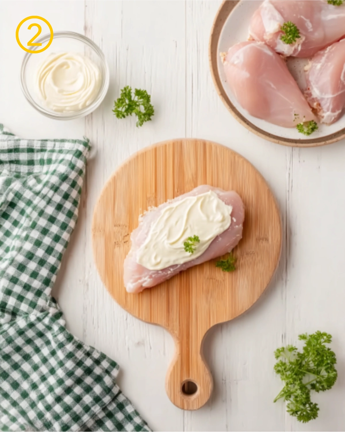 Step two of Air Fryer Parmesan Crusted Chicken showing raw chicken breast coated with mayonnaise on a wooden board