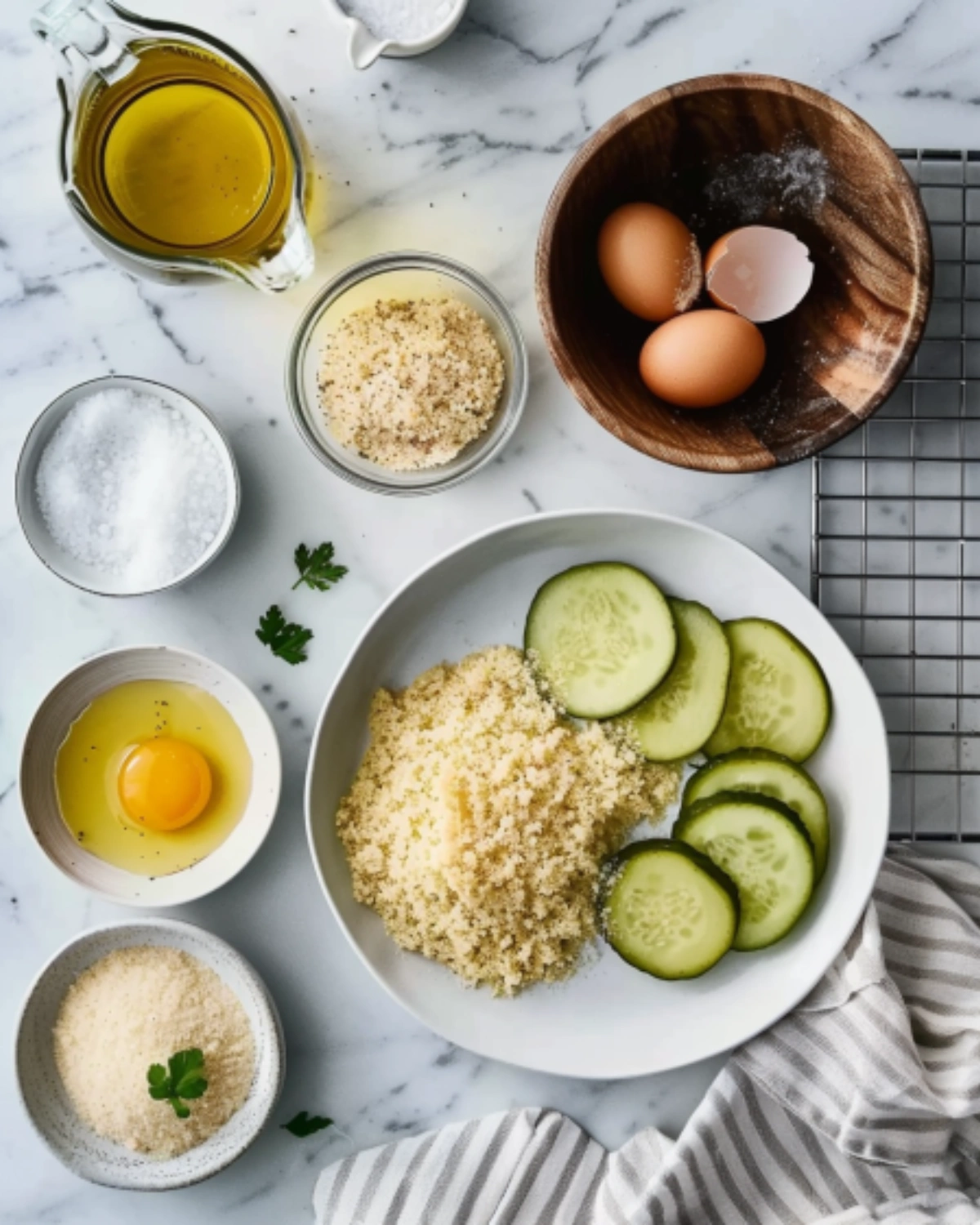 air-fryer-fried-pickles-ingredients-flatlay Ingredients for Air Fryer Fried Pickles including eggs, breadcrumbs, cucumbers, oil, and seasoning