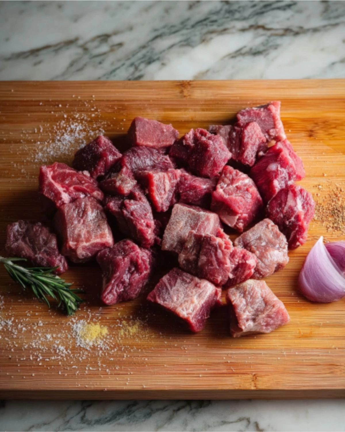 beef-stew-with-vegetables-and-potatoes-prep-onion-rosemary Diced beef with onion, rosemary, and seasoning for beef stew with vegetables and potatoes