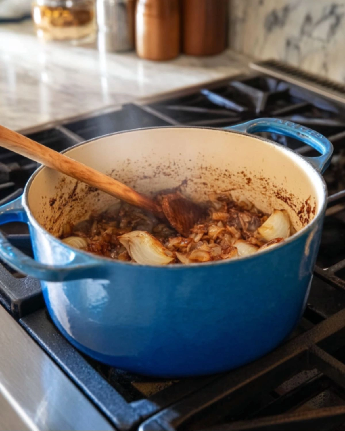 beef-stew-with-vegetables-and-potatoes-sauteing-onions Onions and beef bits sautéing in a Dutch oven for beef stew with vegetables and potatoes