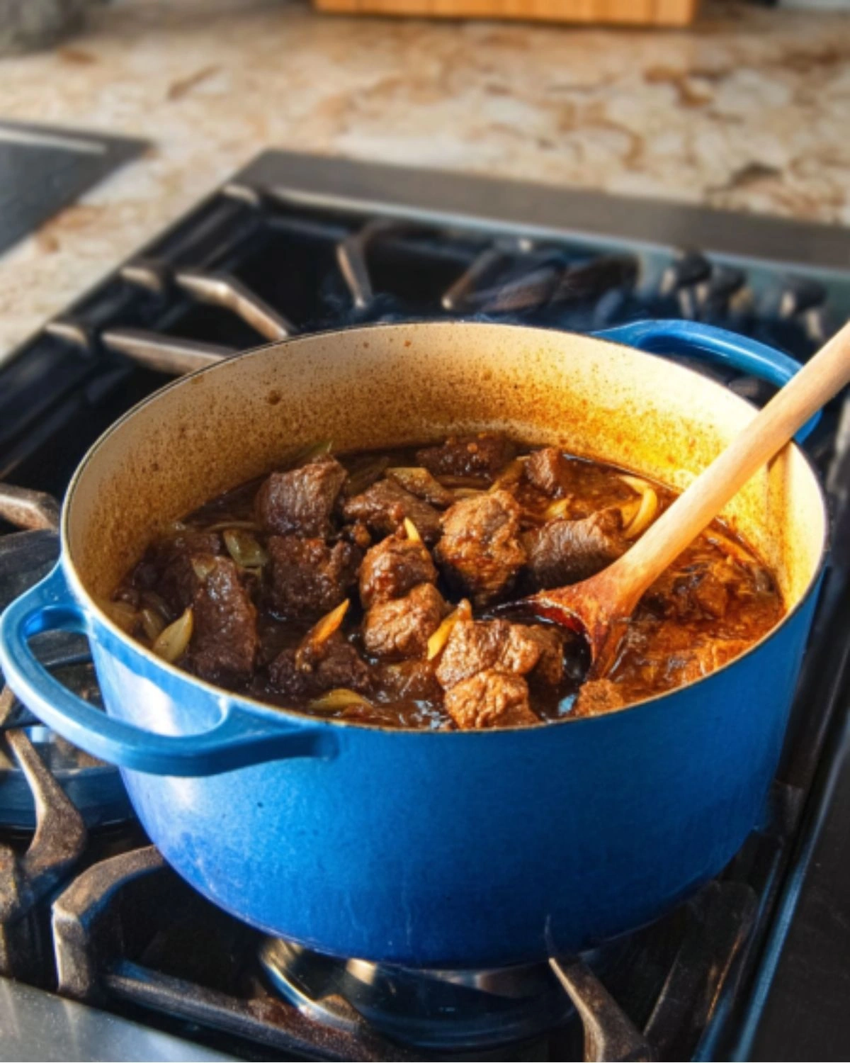 68beef-stew-with-vegetables-and-potatoes-simmering-stew Beef stew with vegetables and potatoes simmering in a Dutch oven on the stove