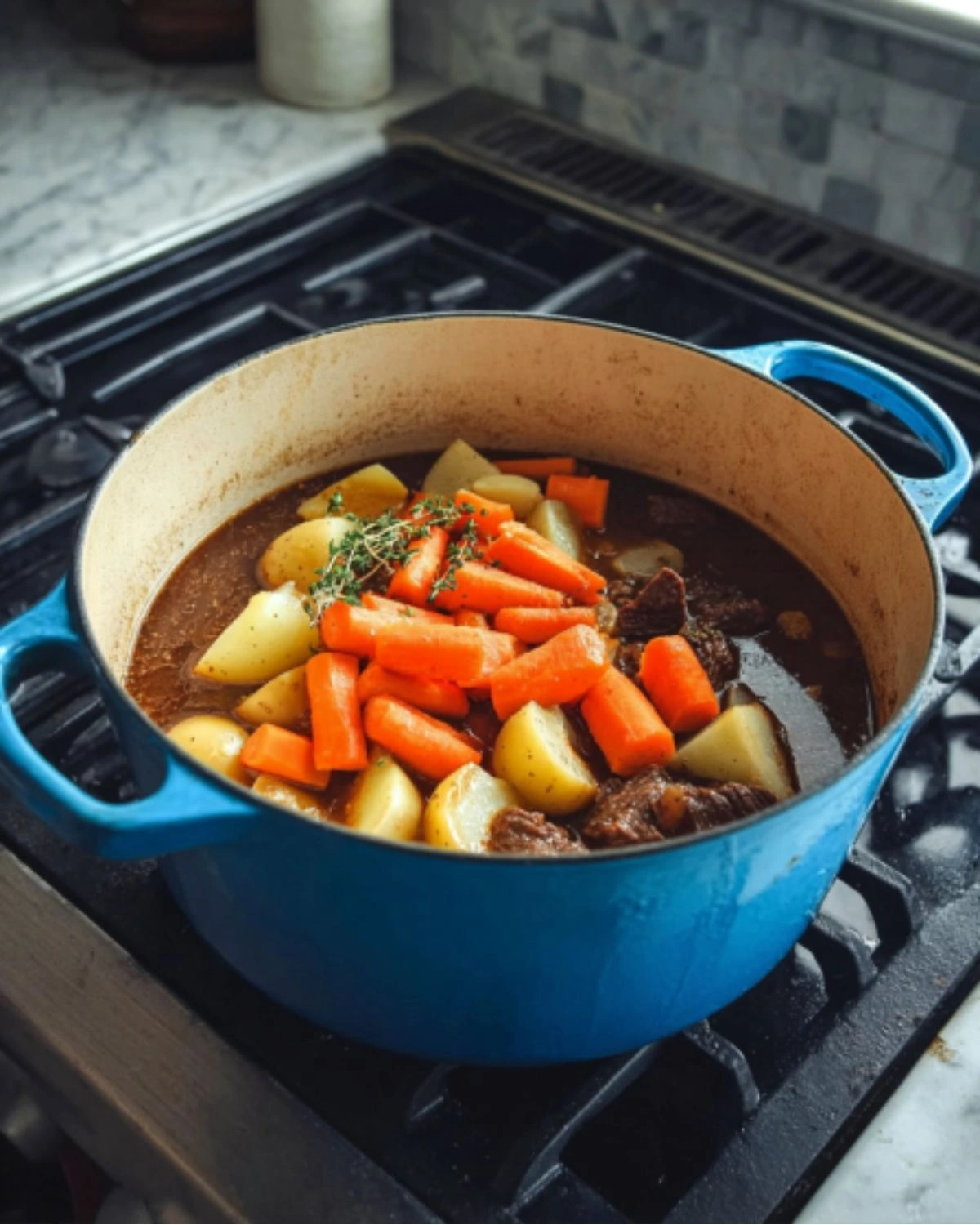 beef-stew-with-vegetables-and-potatoes-final-cook-stage Beef stew with vegetables and potatoes simmering with carrots and herbs in a Dutch oven