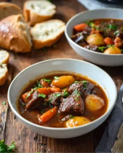 Beef stew with vegetables and potatoes served in a bowl with crusty bread on the side