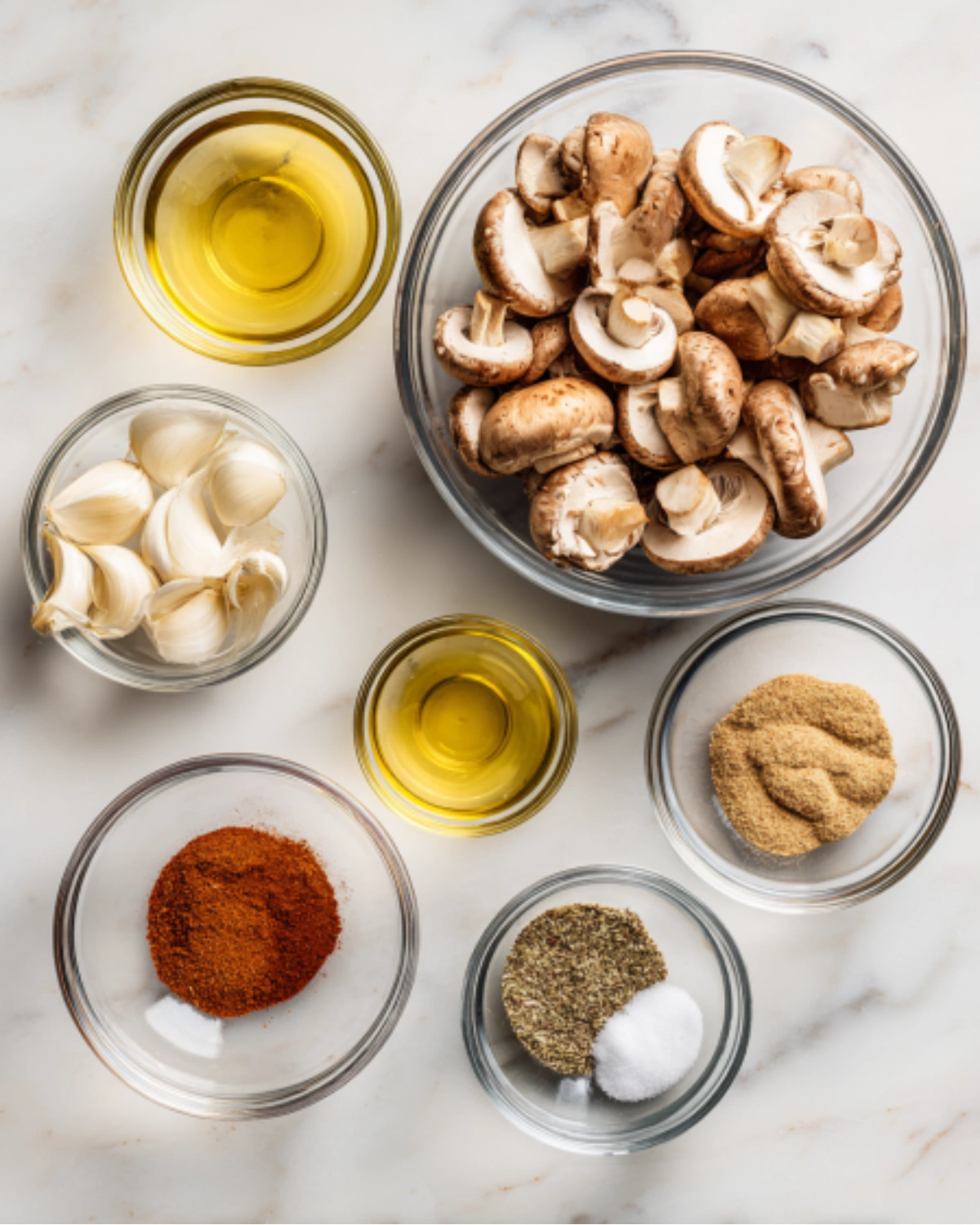air-fryer-mushrooms-ingredients-prep Air Fryer Mushrooms ingredients including mushrooms, garlic, olive oil, and spices arranged in glass bowls on a marble surface