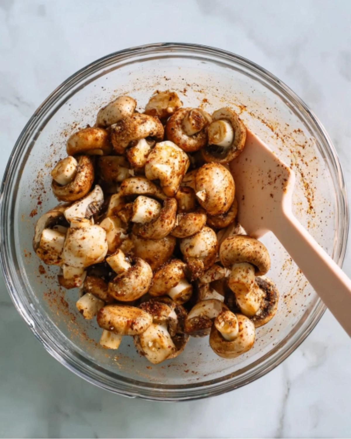 air-fryer-mushrooms-seasoning-step. Air Fryer Mushrooms tossed with seasoning in a glass bowl using a spatula