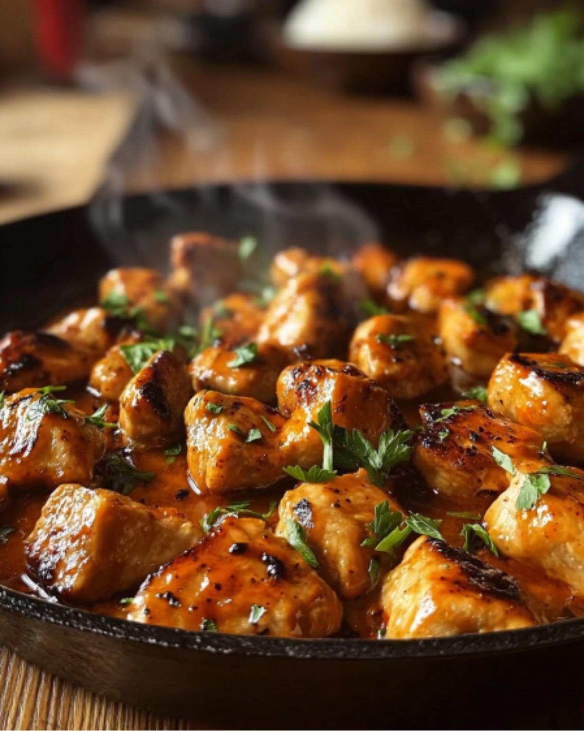 Close-up of sizzling Texas Roadhouse Butter Chicken Skillet with golden brown grilled chicken and fresh herbs
