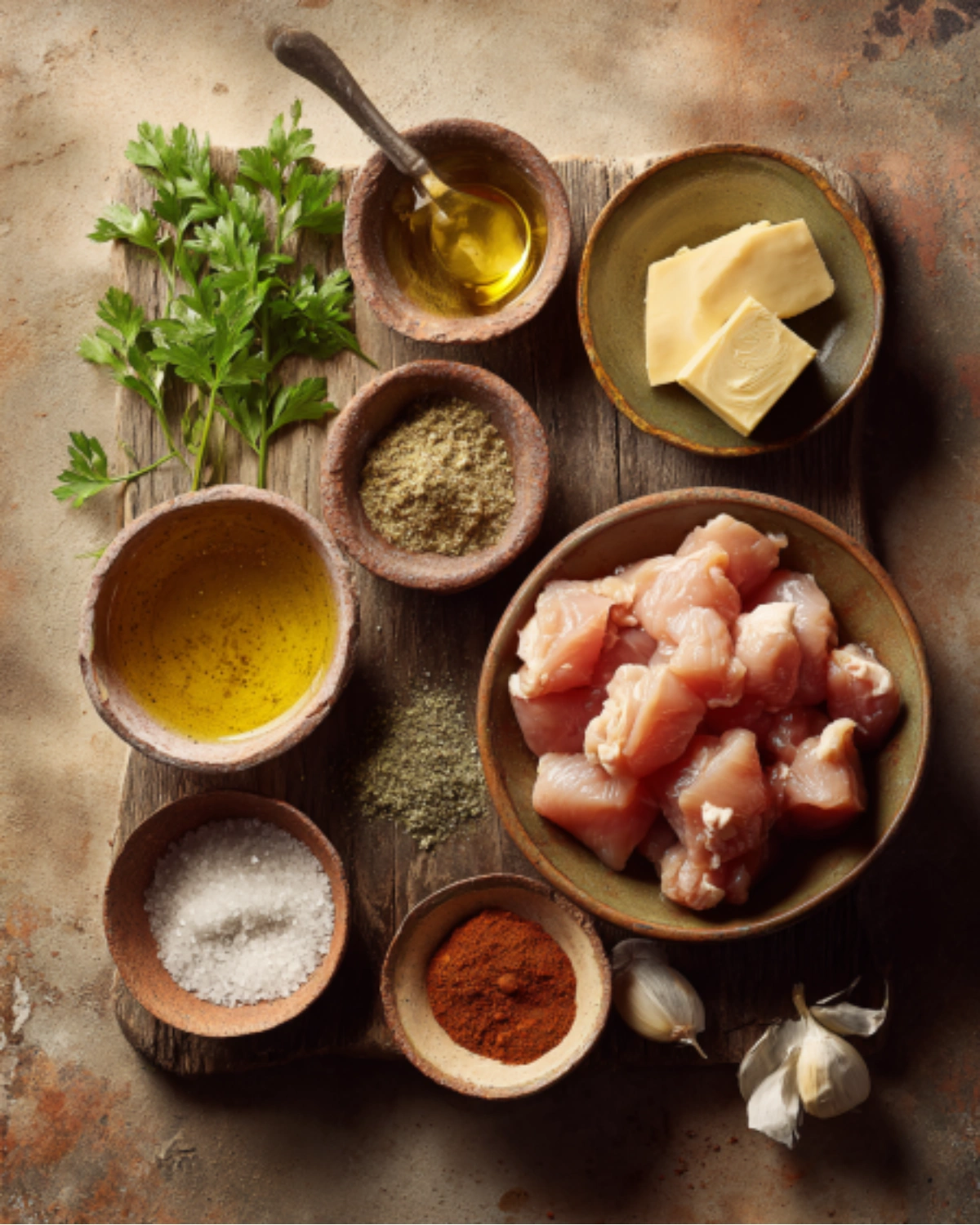 Raw ingredients for Texas Roadhouse Butter Chicken Skillet including chicken, butter, olive oil, herbs, garlic, and spices
