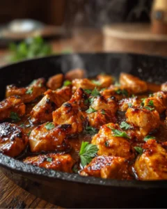 Juicy grilled Texas Roadhouse Butter Chicken Skillet in a cast iron pan with fresh herbs and rich sauce