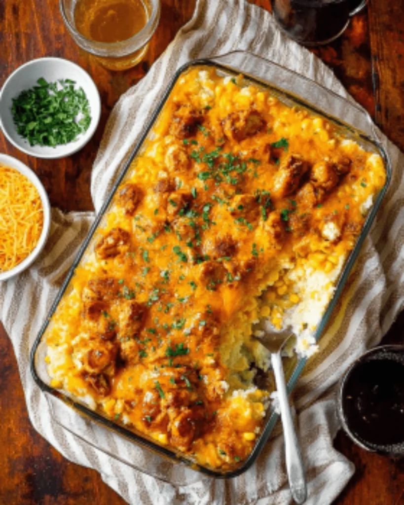 Baked chicken and mashed potato dishes casserole with corn, melted cheese, and herbs on a rustic table