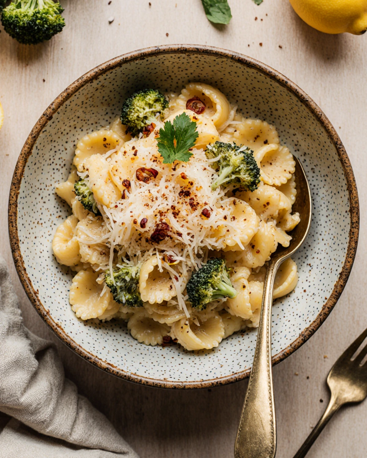 Broccoli cheddar pasta served in a bowl with bowtie noodles, shredded cheese, and red pepper flakes