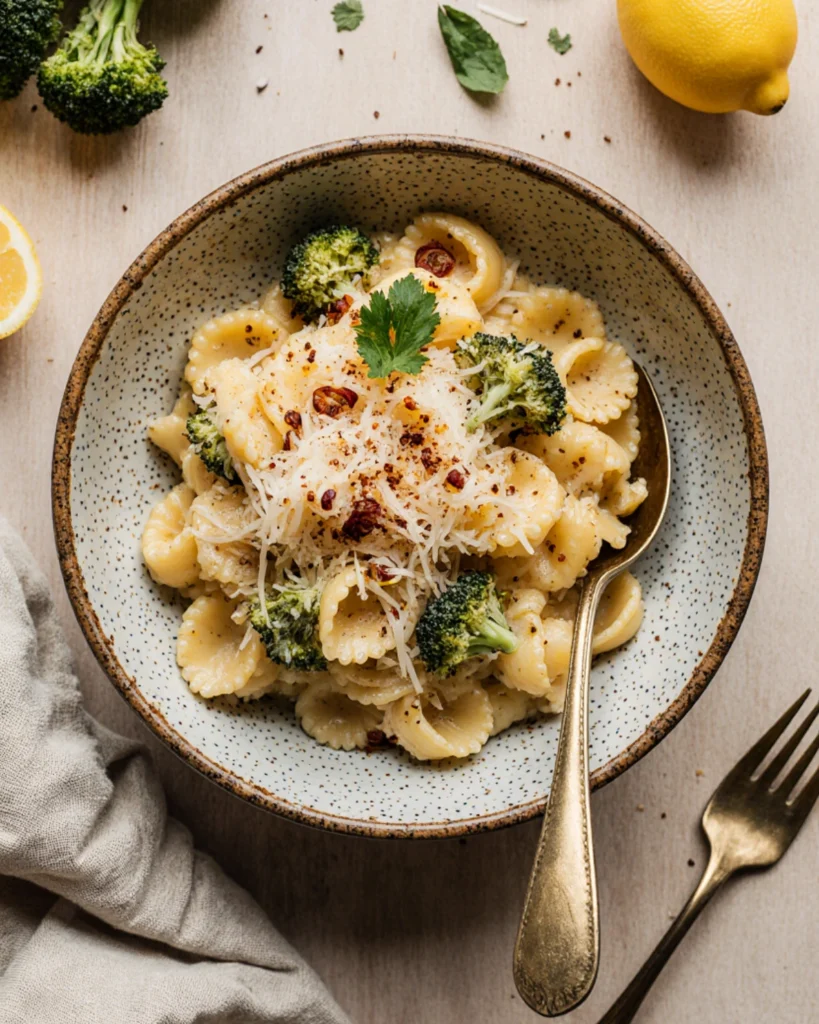 Creamy broccoli cheddar pasta with bowtie noodles topped with shredded cheese and red pepper flakes