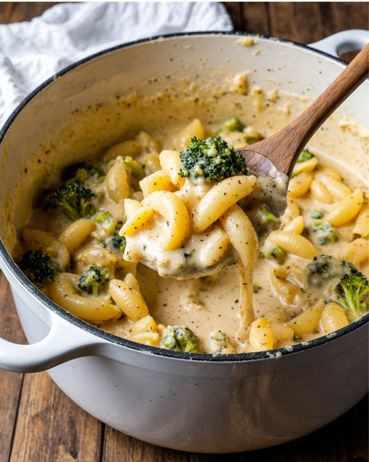 Creamy broccoli cheddar pasta in a white pot with cavatappi noodles and broccoli on a wooden spoon