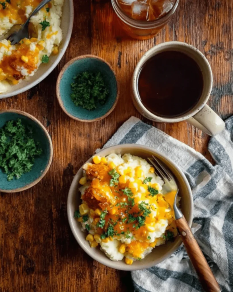 Homestyle chicken and mashed potato dishes with corn and gravy on a rustic wooden table