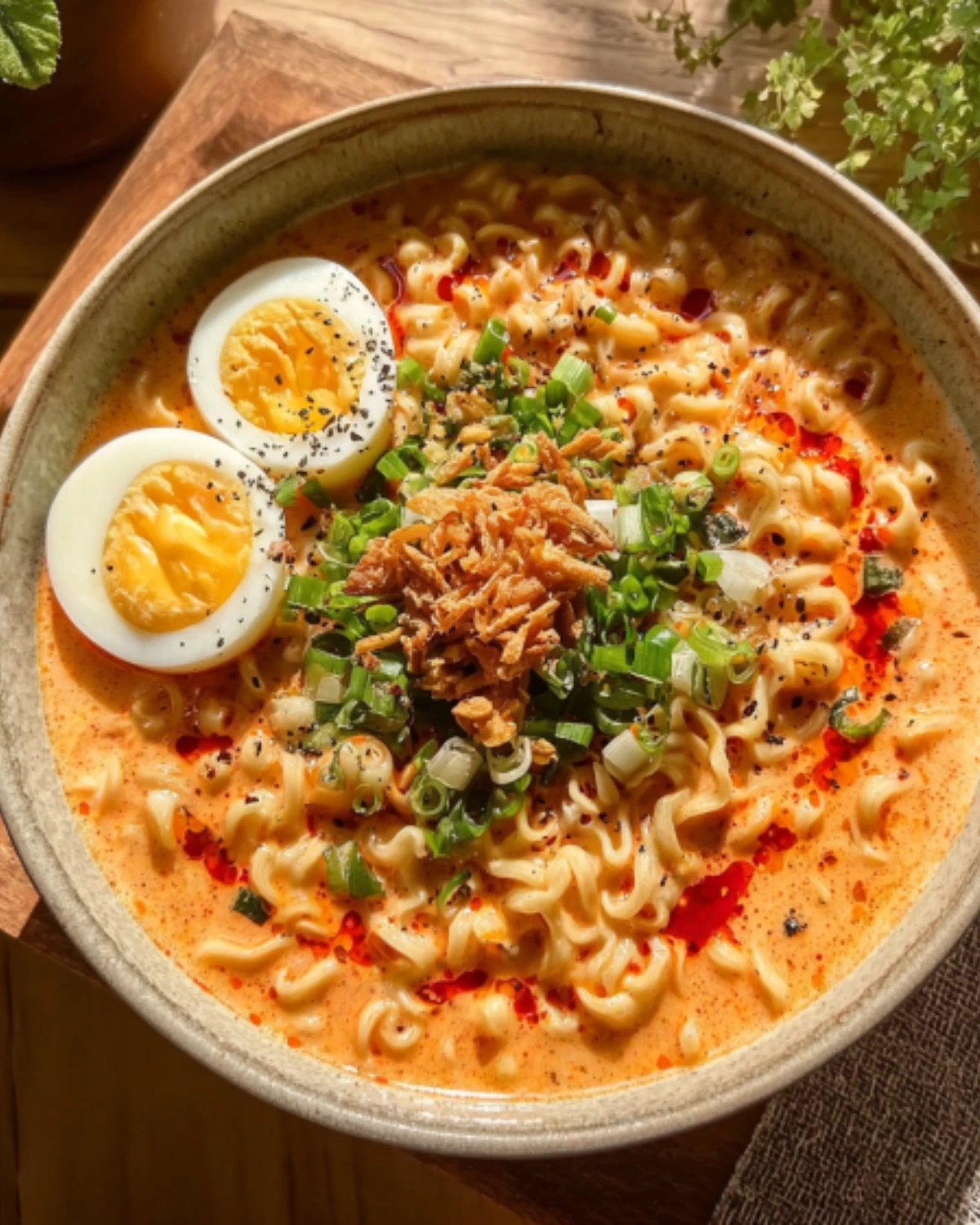 easy-buldak-soup-ramen-creamy-spicy-egg-noodles Bowl of Easy Buldak Soup Ramen topped with boiled egg, scallions, fried onions, and chili oil