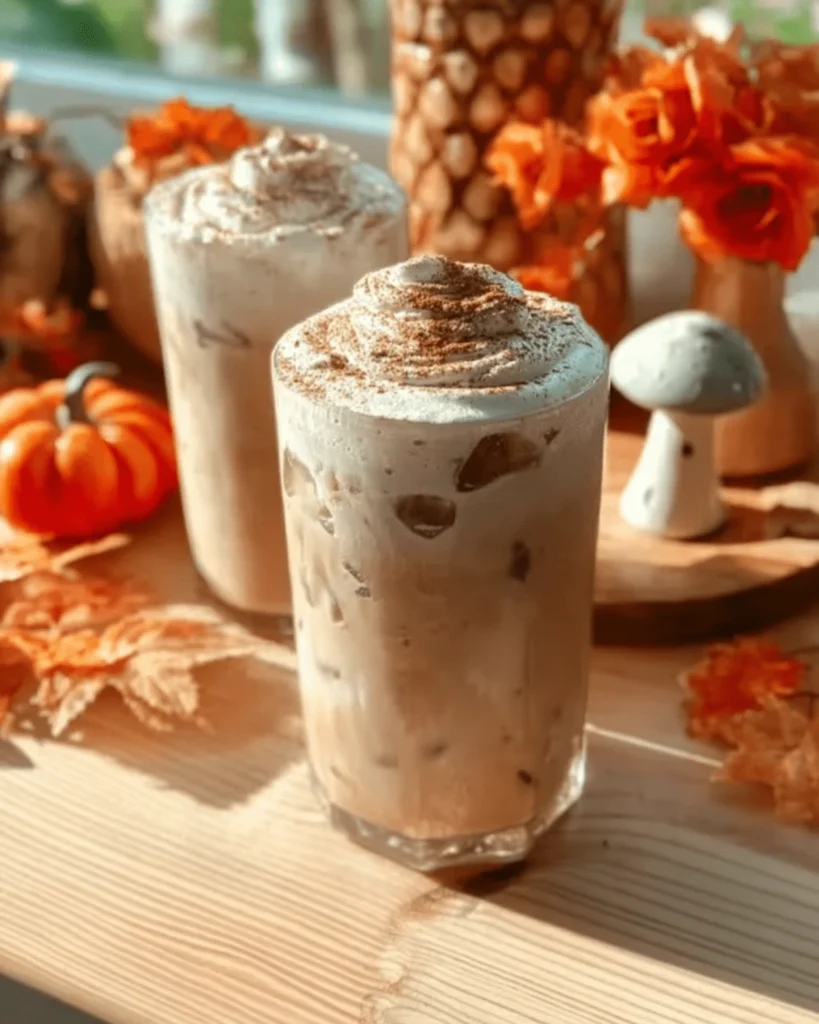 Two glasses of iced pumpkin cream chai topped with whipped cream and cinnamon, surrounded by fall decorations.