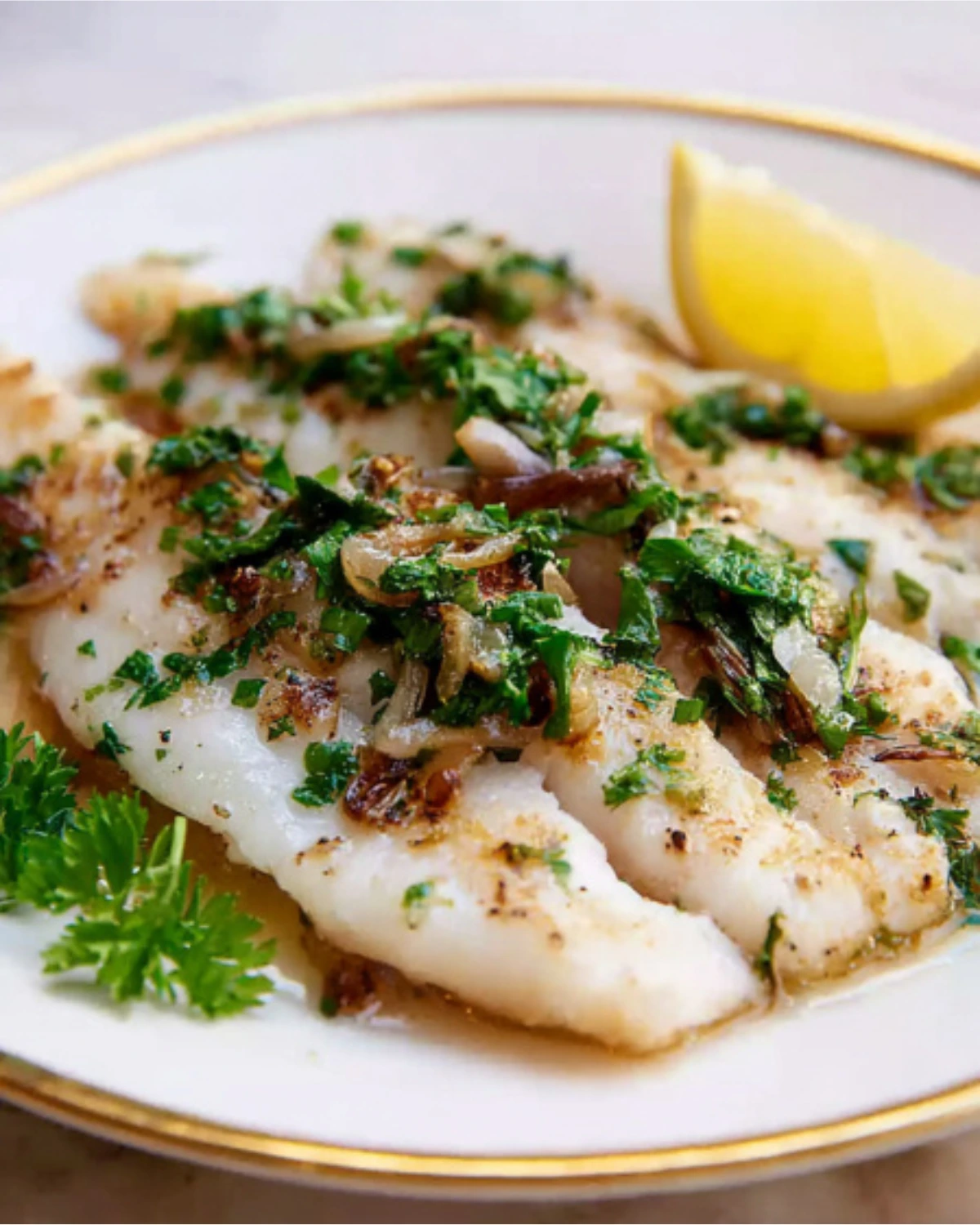Delicious petrale sole recipe served with fresh herbs, shallots, and a lemon wedge on a white plate