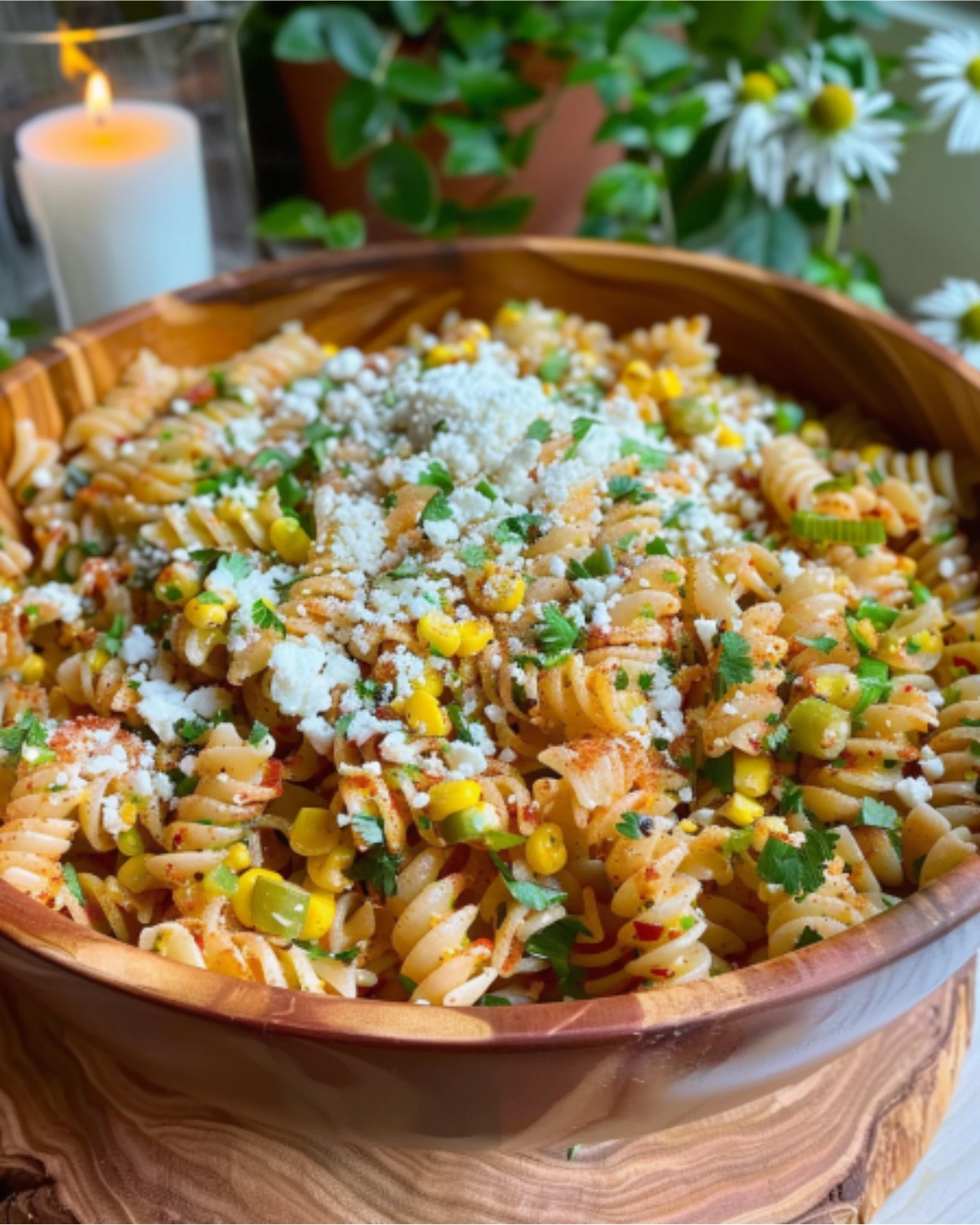 street-corn-pasta-salad-with-cotija-and-corn Street Corn Pasta Salad made with rotini, corn, cotija cheese, and fresh cilantro in a wooden bowl