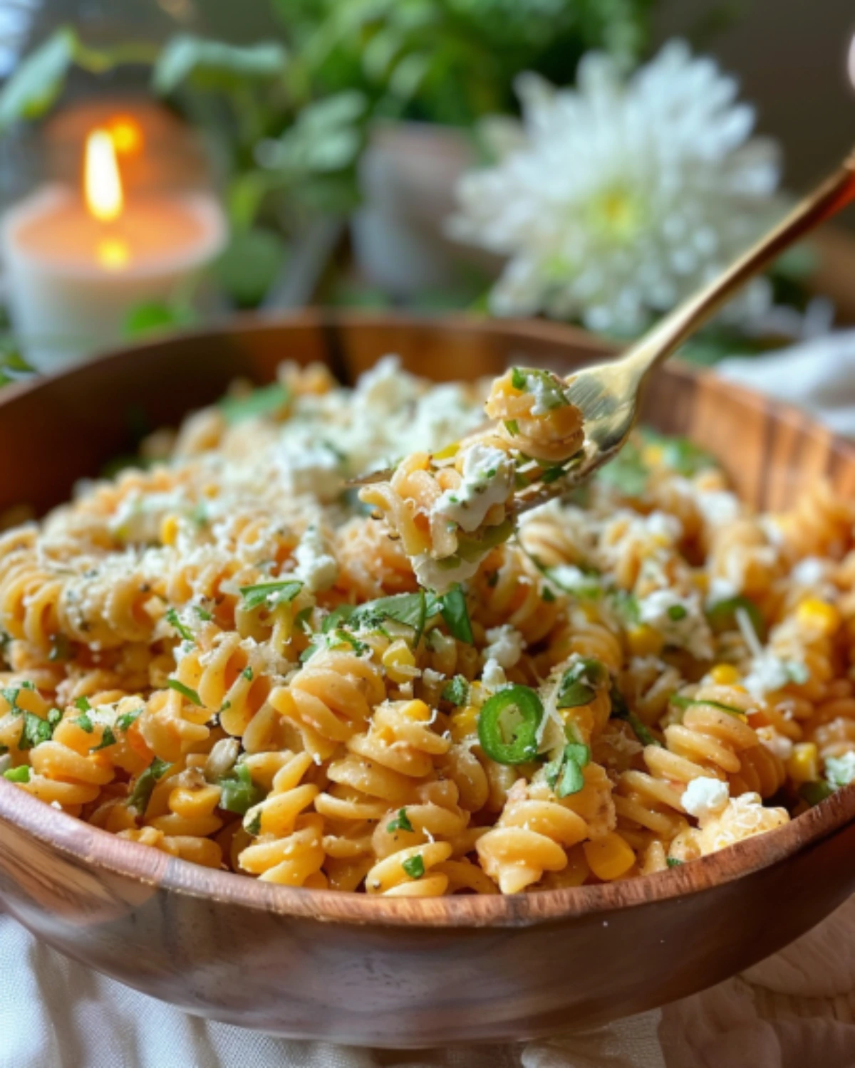 street-corn-pasta-salad-in-wooden-bowl Street Corn Pasta Salad with rotini, cotija cheese, jalapeños, and cilantro served in a wooden bowl