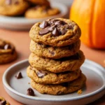 Stack of brown butter pumpkin chocolate chip cookies on a plate with chocolate chips and a pumpkin in the background.