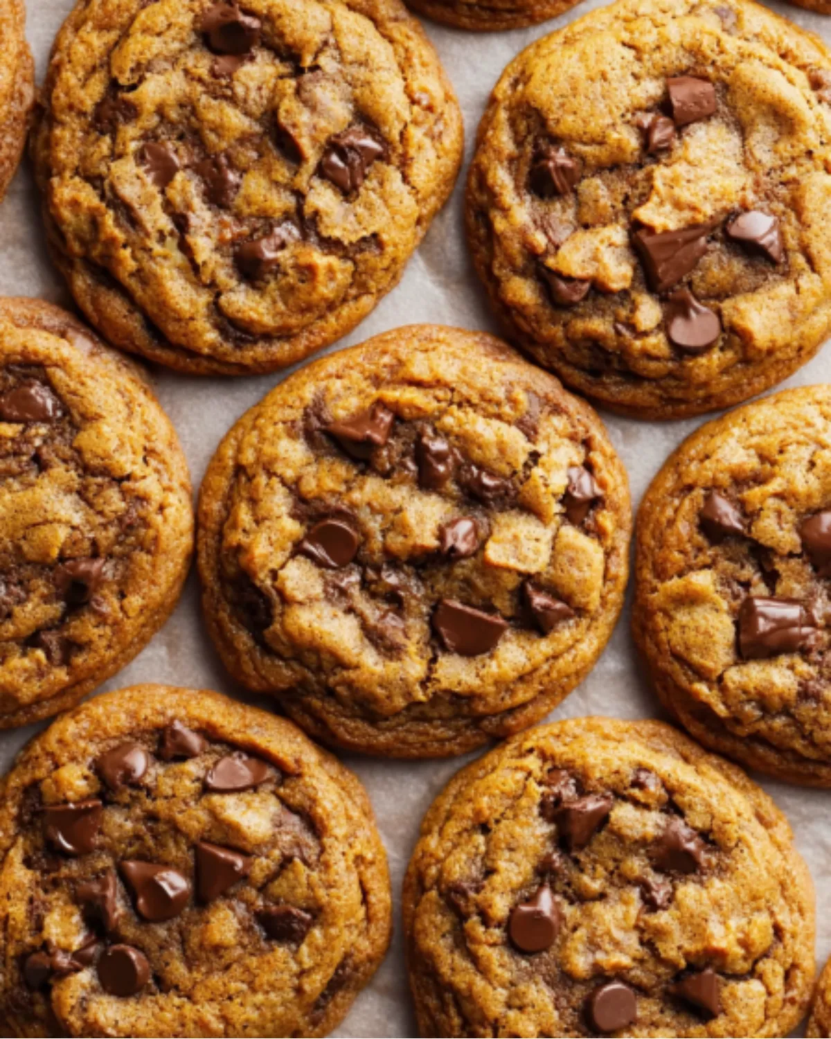 Close-up of freshly baked brown butter pumpkin chocolate chip cookies arranged on parchment paper.