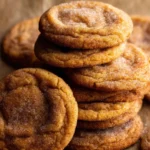 Close-up of soft and chewy Pumpkin Snickerdoodle Cookies stacked on parchment paper