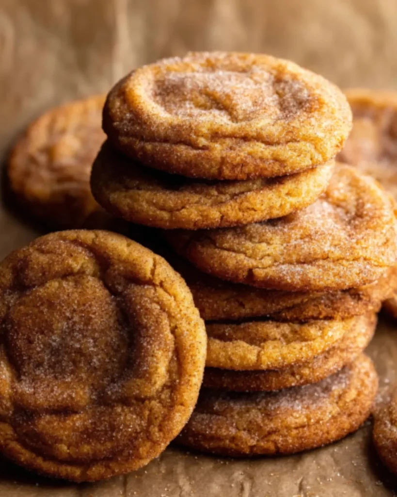 Close-up of soft and chewy Pumpkin Snickerdoodle Cookies stacked on parchment paper