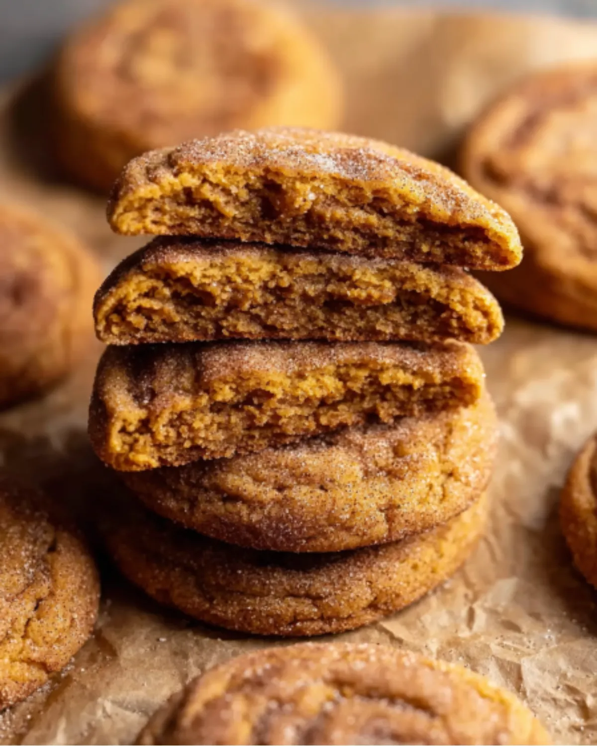 Inside view of Pumpkin Snickerdoodle Cookies revealing their soft, chewy texture