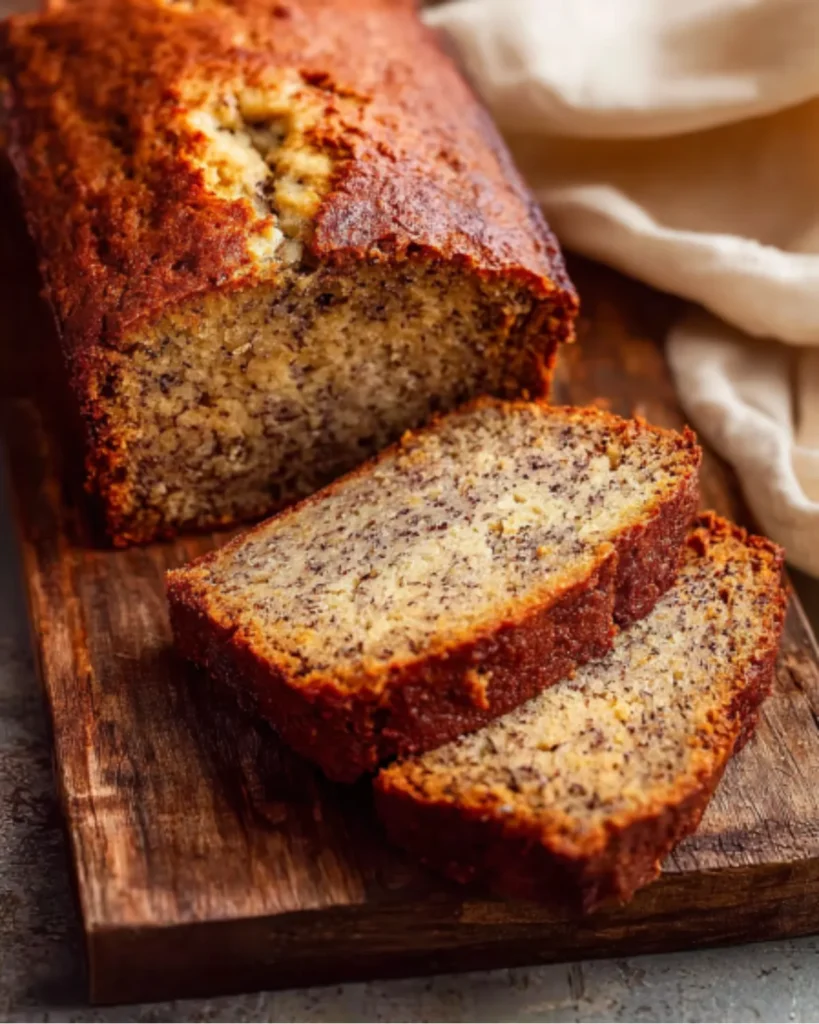 Sliced gluten-free banana bread loaf on a wooden cutting board – Gluten-Free Banana Bread Recipe