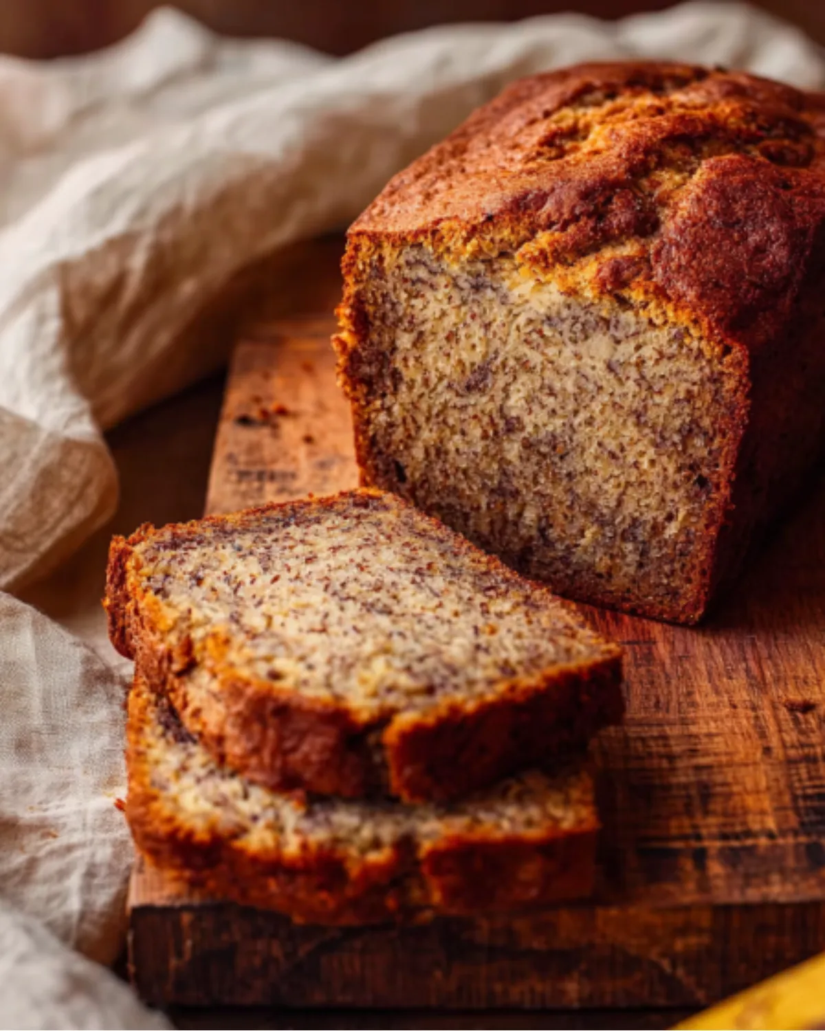 Freshly baked gluten-free banana bread loaf with slices on a rustic wooden board – Gluten-Free Banana Bread Recipe