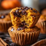 Close-up of moist pumpkin protein muffins with chocolate chips, stacked and ready to serve.