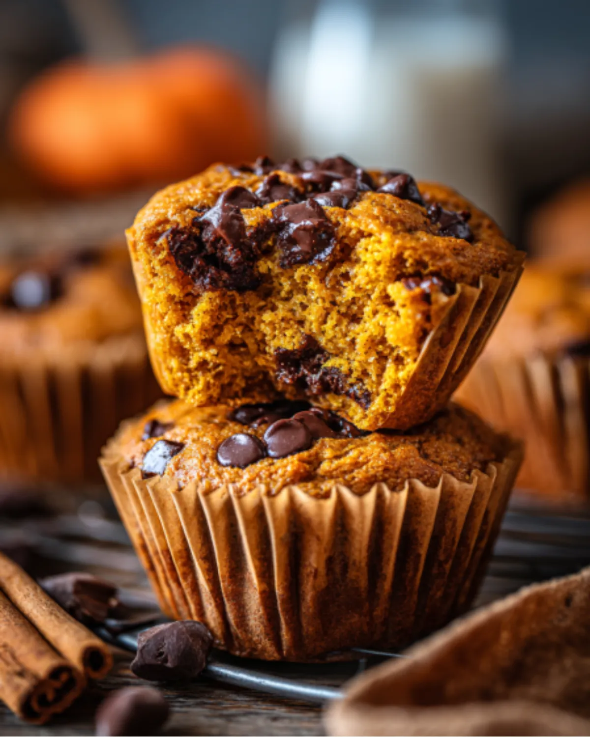 pumpkin-protein-muffins-chocolate-chip Close-up of moist pumpkin protein muffins with chocolate chips, stacked and ready to serve.