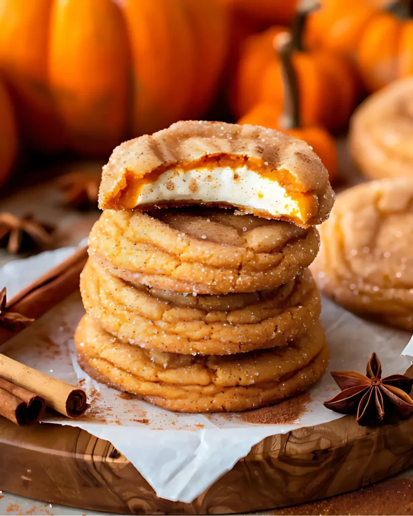 Stack of soft Pumpkin Cheesecake Cookies with cream cheese filling, surrounded by pumpkins and spices