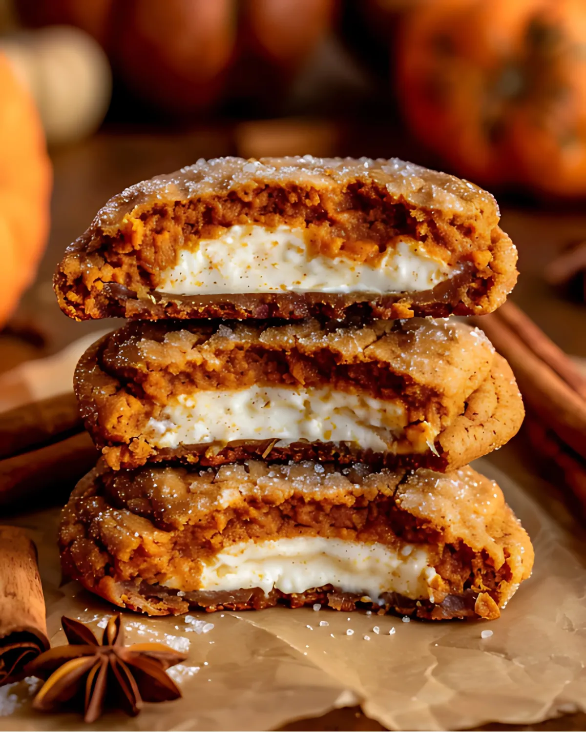 pumpkin-cheesecake-cookies-filled-center-closeup Close-up of Pumpkin Cheesecake Cookies stacked and split to reveal creamy cheesecake filling